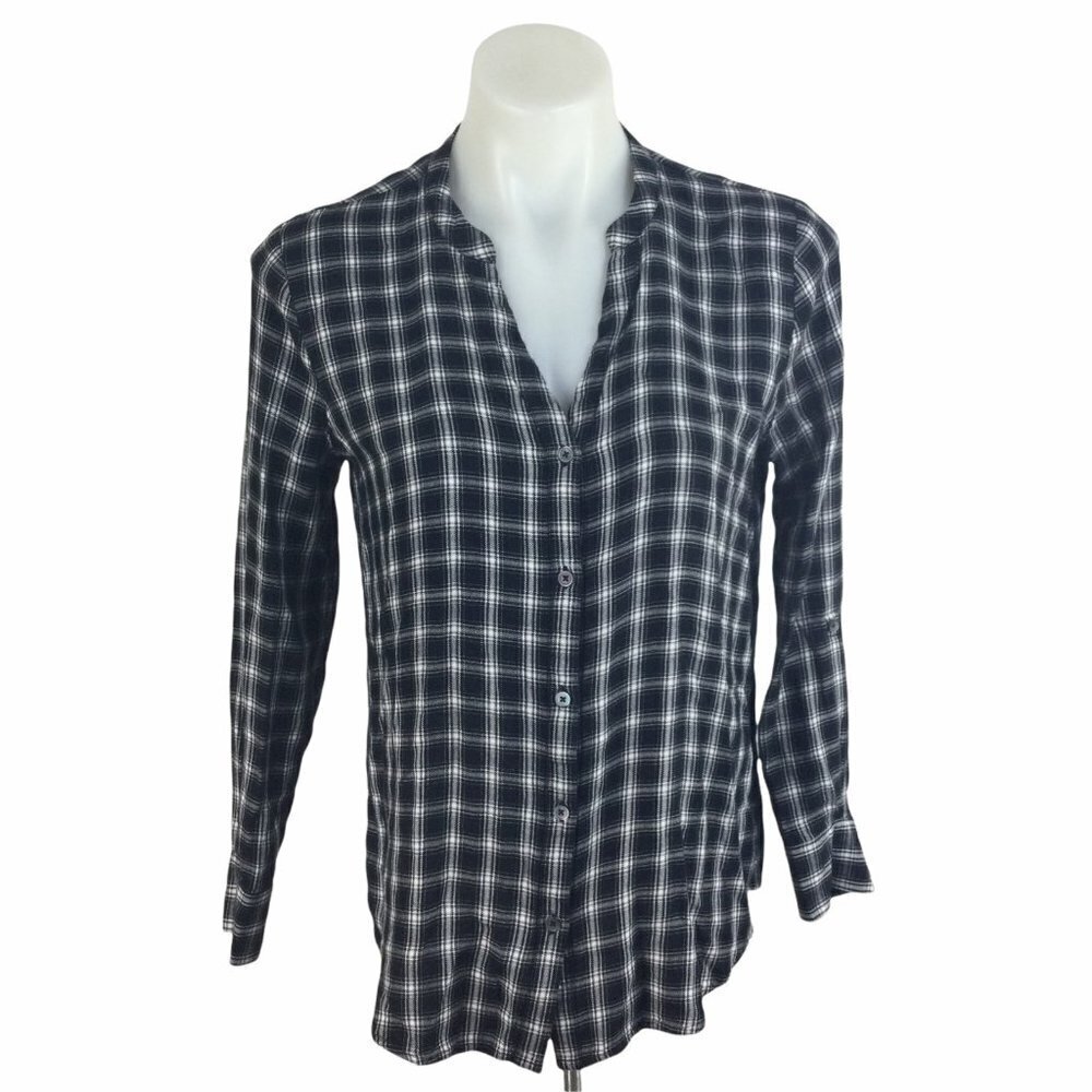 Soft Joie Black Plaid Checkered Dane V-Neck Button-Down Shirt Top Womens Size XS